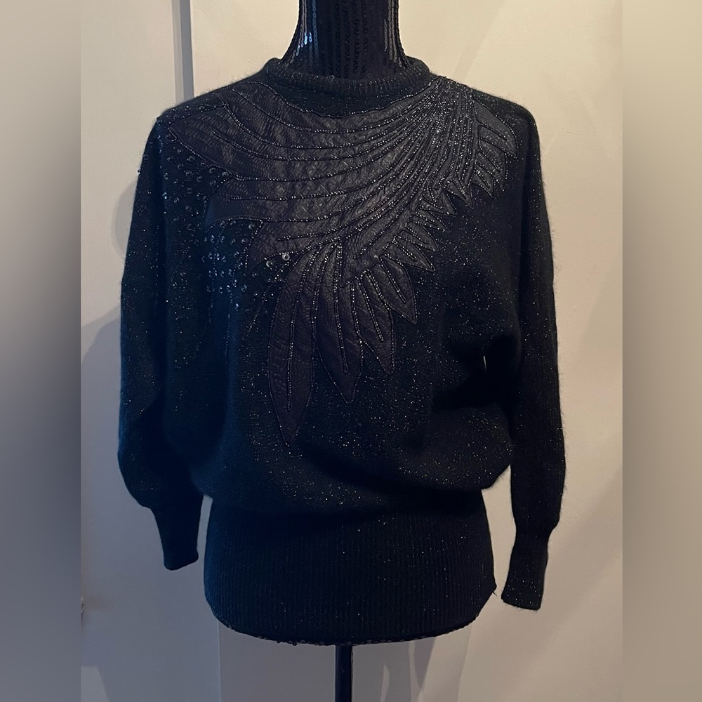 Vintage Uen Shadi 80s Black Beaded Dolman Sleeve Sweater